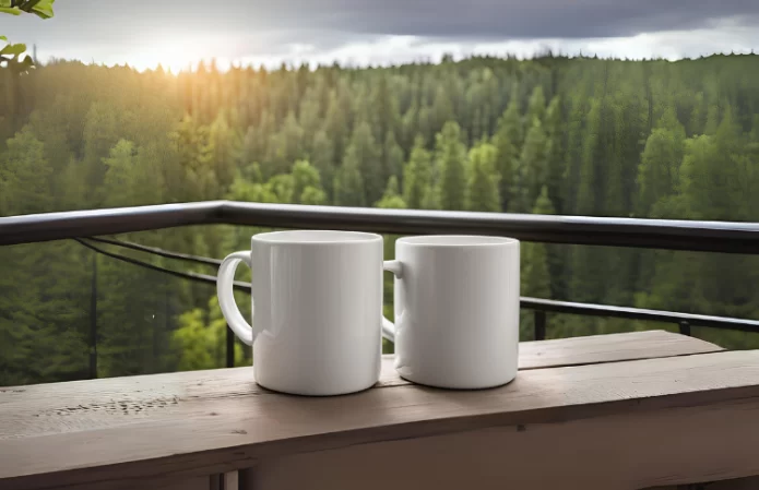 Two mugs on a deck overlooking the woods