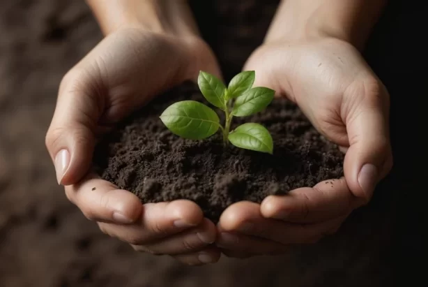 Hands holding soil with a growing plant - image on Chloe Afferson Psychotherapy website